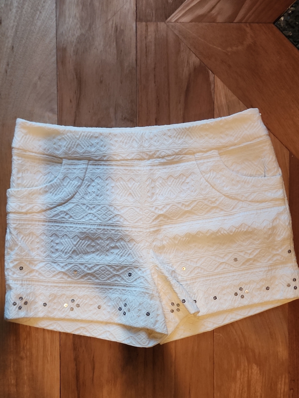 elevenses White Embossed Sequin-Hem Shorts